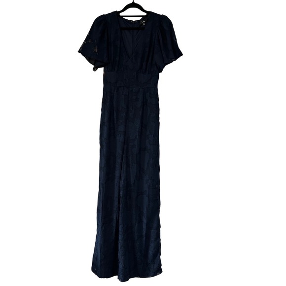 Lulus Navy Blue Floral Burnout Wide Leg Jumpsuit XS V-Neck Flutter Sleeve Formal
